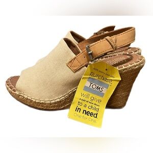 TOMS Natural Canvas Espadrille Wedge Sandals | Slingback Peep Toe Size 8.5 | NWT